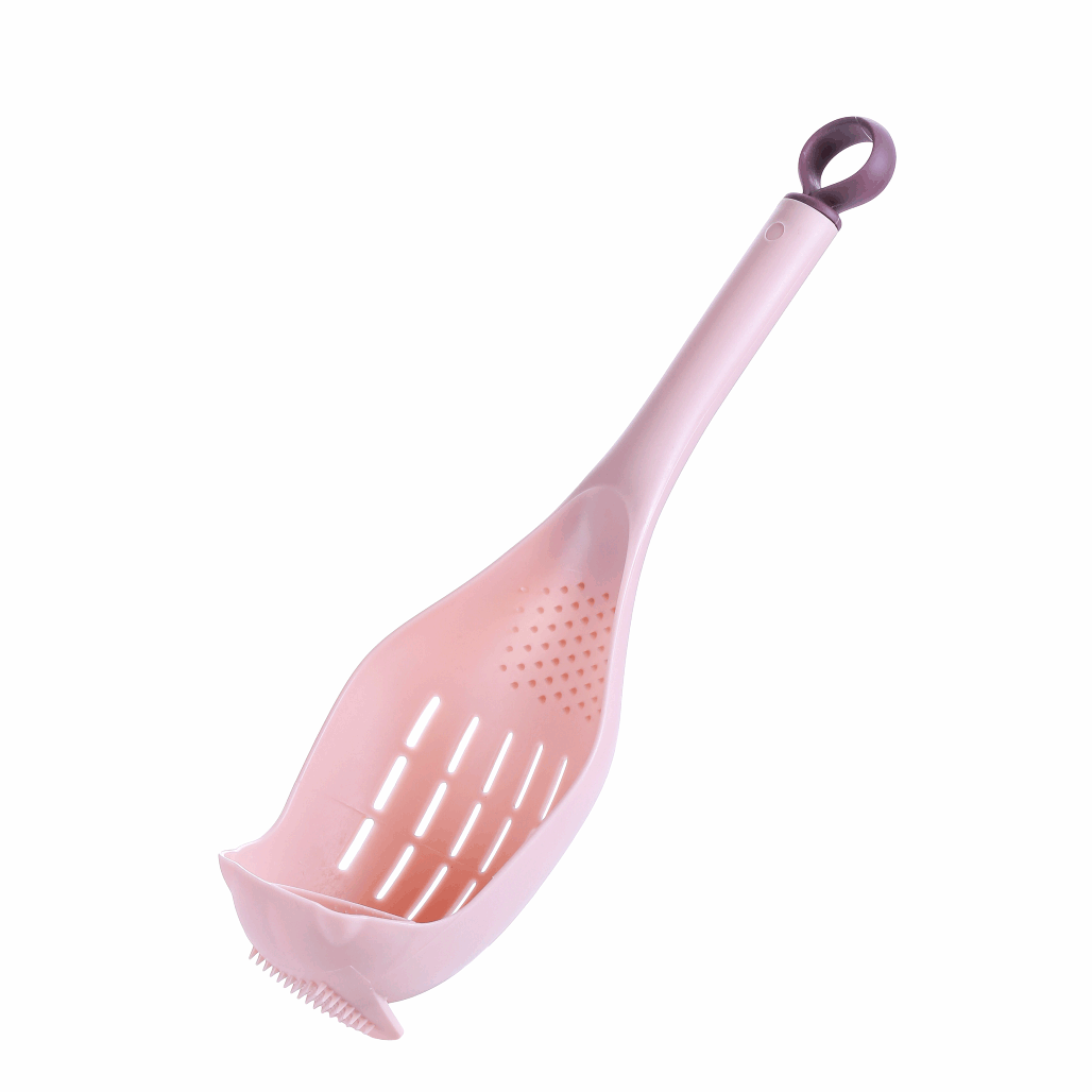 Plastic colander spoon with long handle for straining soup and other foods - kitchen utensil and gadget for cooking and food preparation