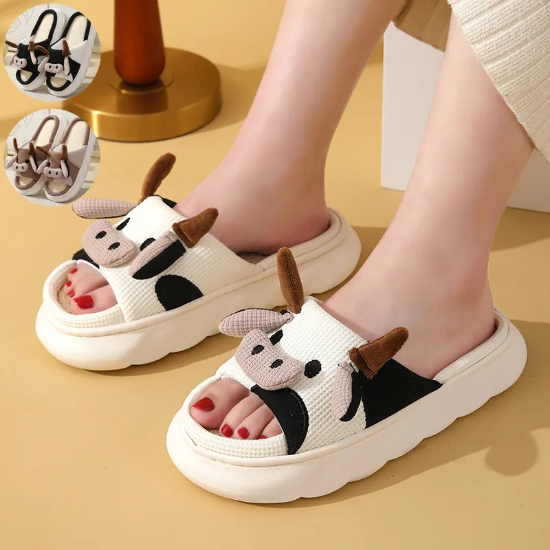 Cute Cartoon Cow Frog Slippers Linen Non-slip Shoes Indoor