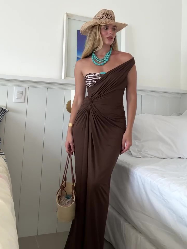 Solid Color Off-Shoulder Twist Slit Dress