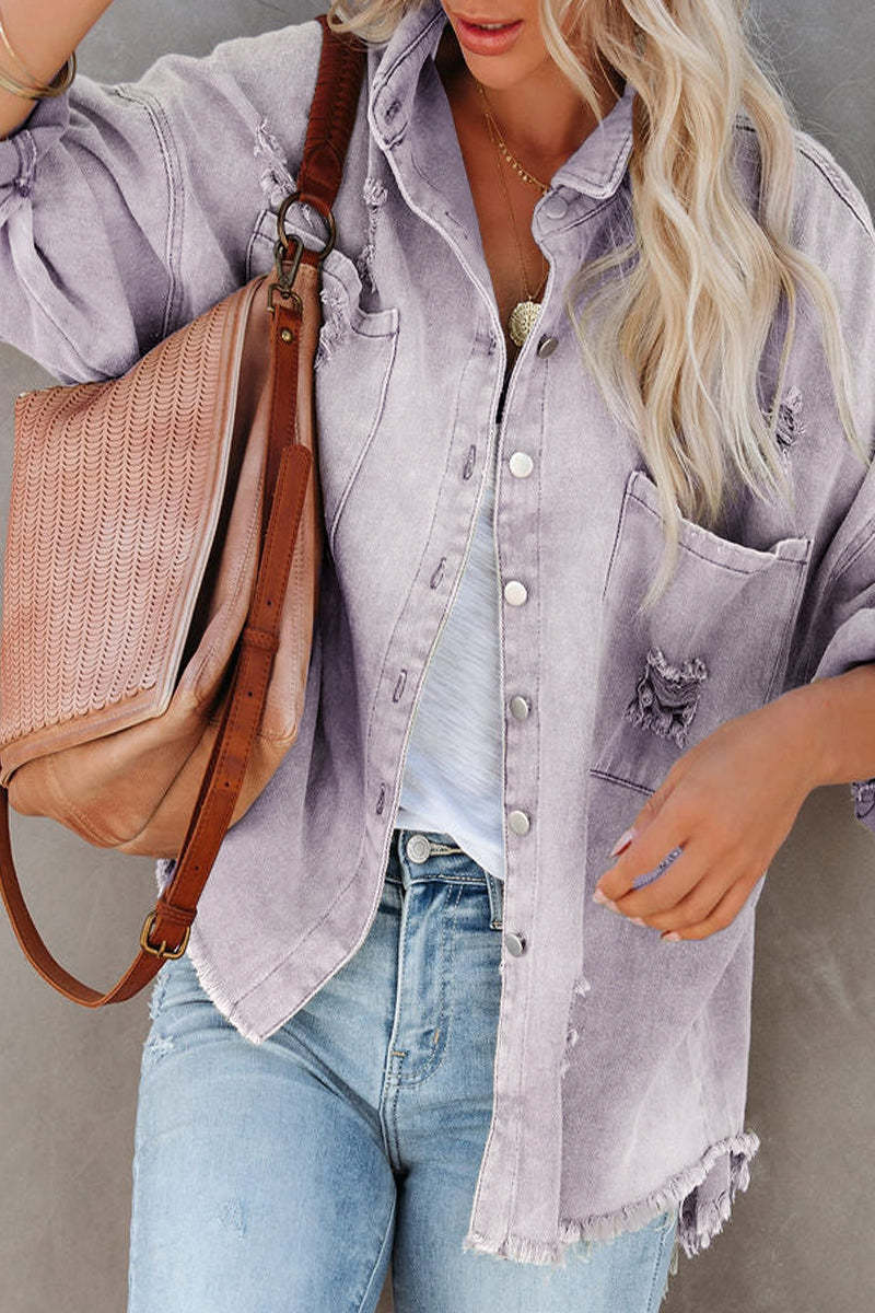 Women's Denim Jacket Long Sleeve Raw Edge Ripped Denim Jacket Light Purple - Shop at LoveMi