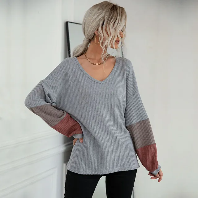 New Color Blocking Long Sleeve Waffle V neck Pullover Knitted Top Grey - Shop at LoveMi