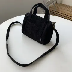 Mini Corduroy Tote Shoulder Crossbody Bag - Black - View 1