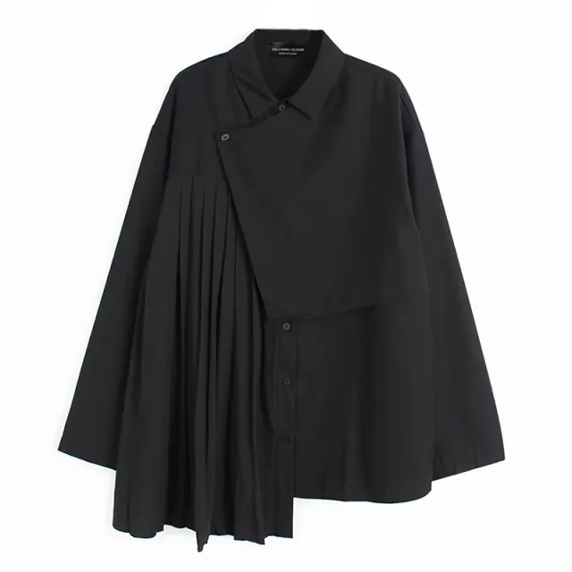 Ladies British Style Simple Pleated Asymmetric Design Shirt Top Black - Shop at LoveMi