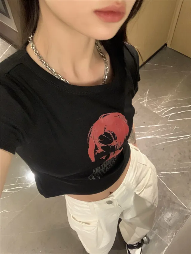 Cotton Navel Exposed Short sleeved T shirt Women's High waisted Top White - Shop at LoveMi