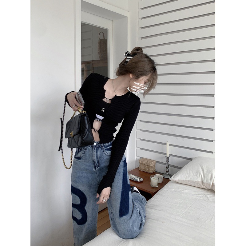 Women's High Waist Slim Denim Letter Print Loose Versatile Straight Wide Leg Pants