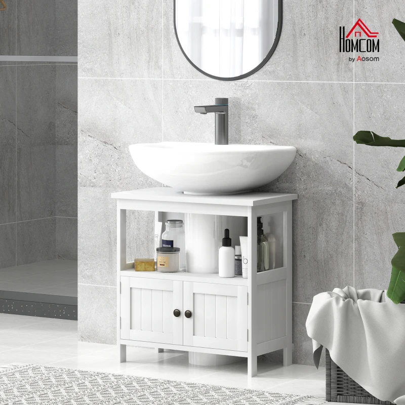 Kleankin Pedestal Sink Storage Cabinet, Bathroom Under Sink Cabinet With 2 Doors And Open Shelf, Bathroom Vanity, White