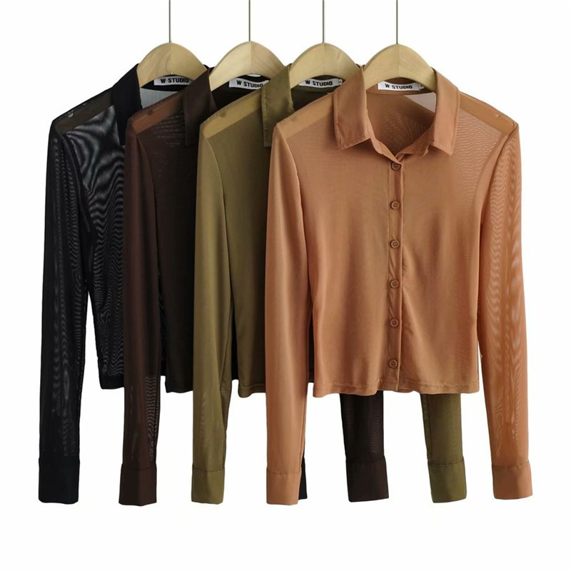 Women's Vintage Mesh Solid Button-Up Shirt