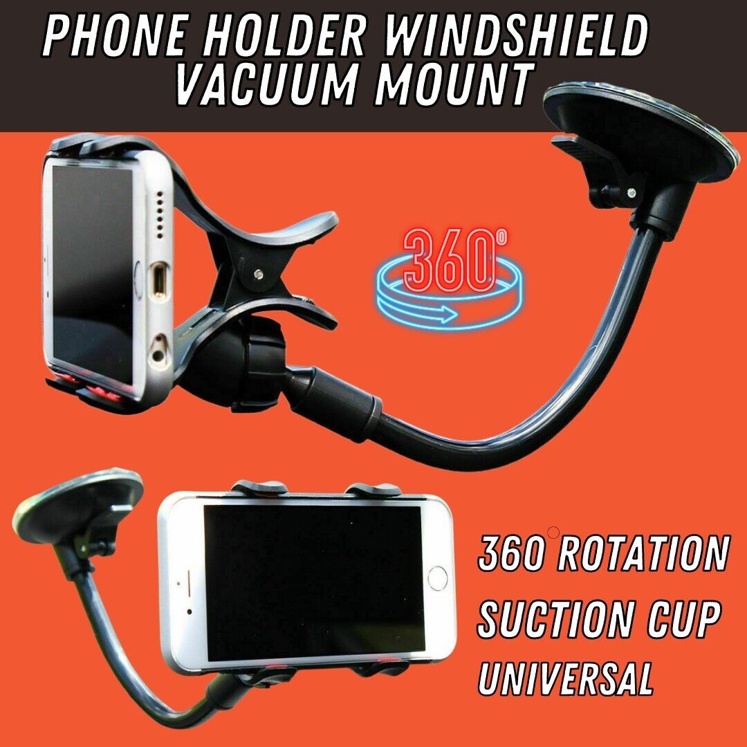 Adjustable car phone holder with 360° rotation and strong suction for windshield. Fits devices up to 3.54 inches wide. Durable arm with 360° rotation. No glue suction cup design. Made for car windshields only.