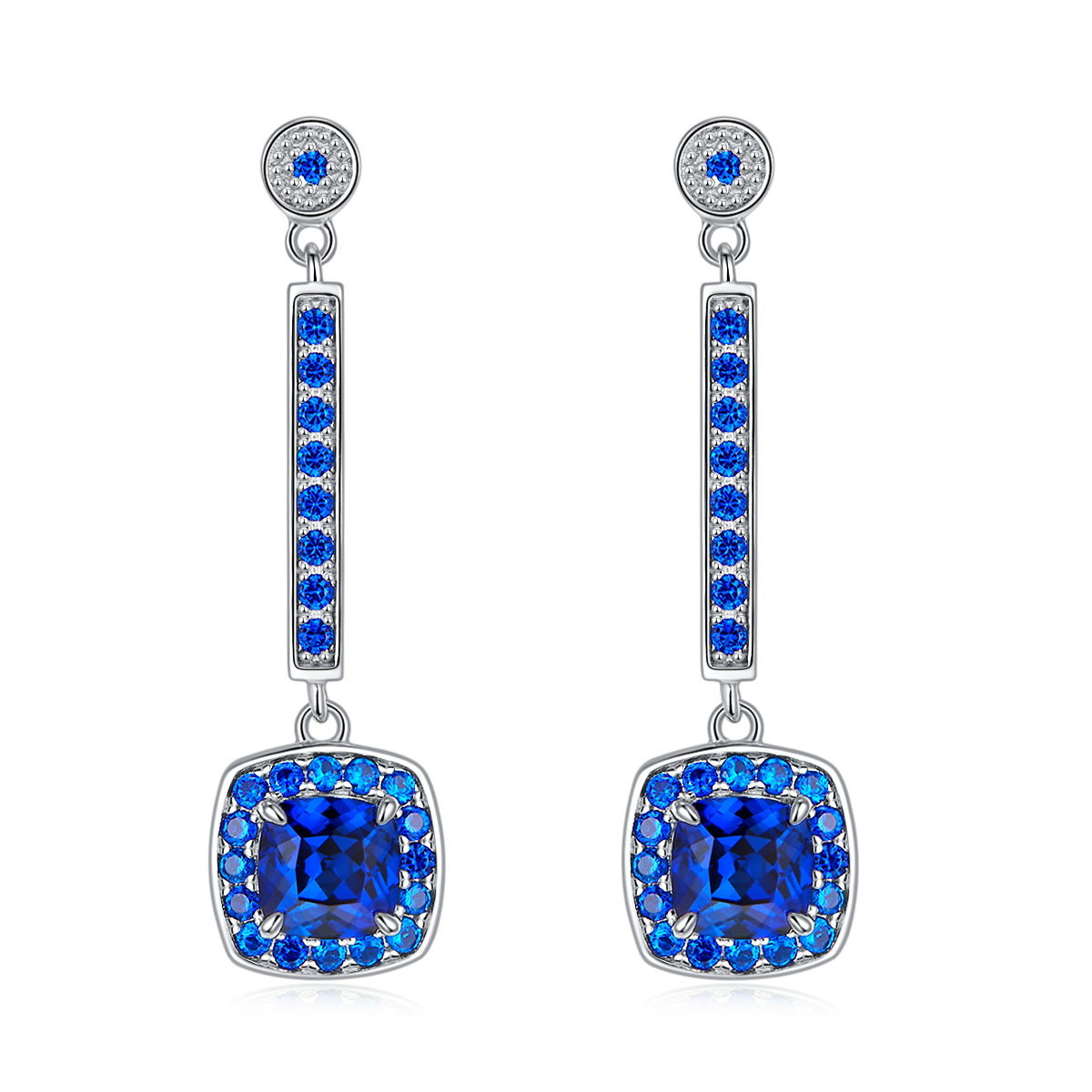 S925 Silver 4.5g Lab-Created Sapphire Drop Earrings, 2ct 6x6mm Cushion, Pair