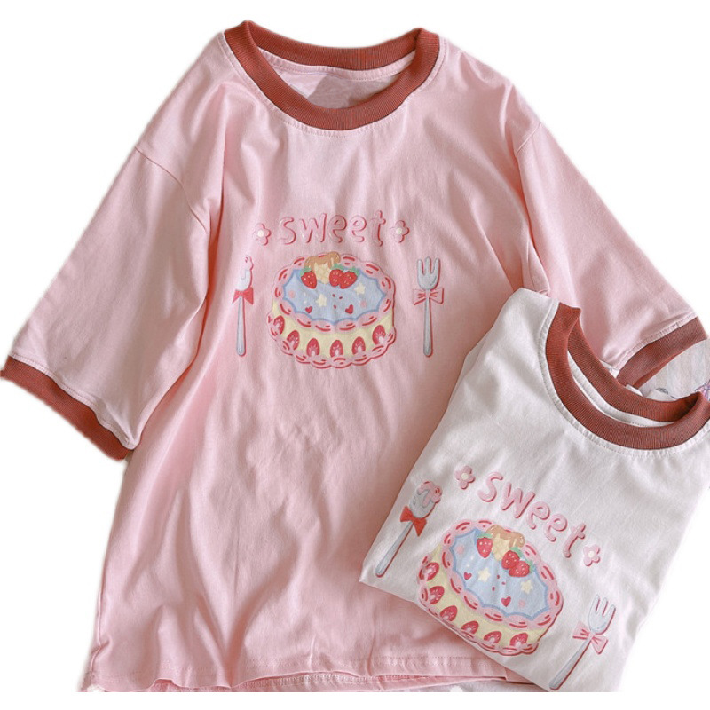 Short-sleeved T-shirt, Cake Milkshake Printing, And Loose Hedging