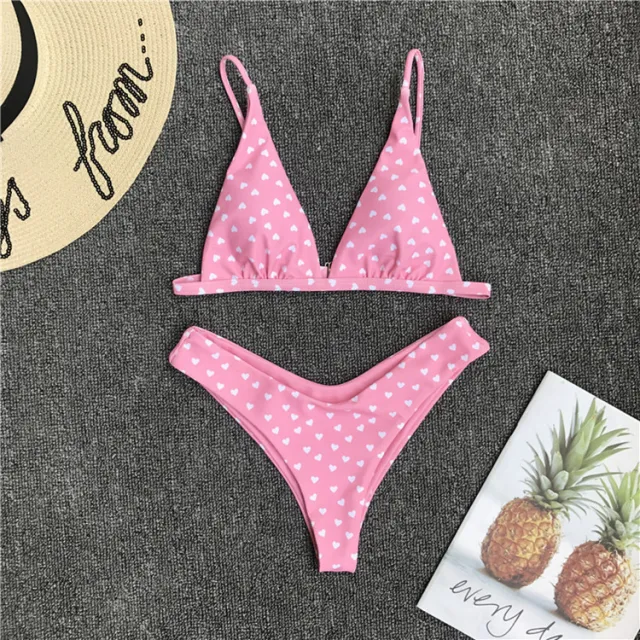 European And American Sexy Cute Bikini Retro Love Print Swimsuit Pink - Shop at LoveMi
