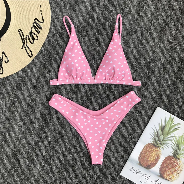 European And American Sexy Cute Bikini Retro Love Print Swimsuit - Pink
