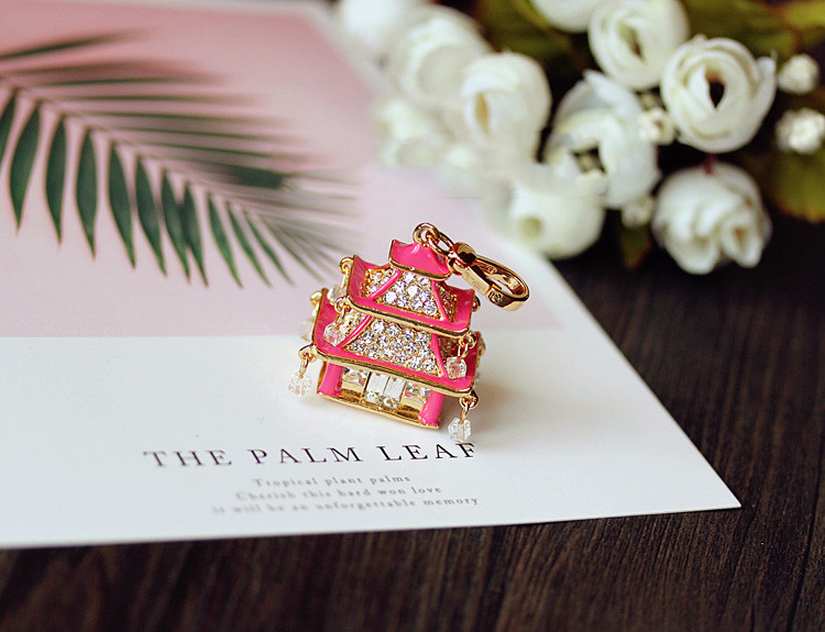 Vintage Temple Pavilion Rhinestone Necklace Pendant Keychain Pendant Long Chain - Shop at LoveMi