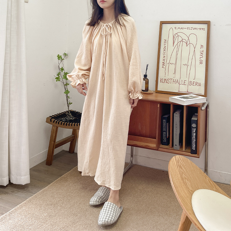 Idle Style Small Floral Lace-up Design Long Sleeve Soft Home Dress