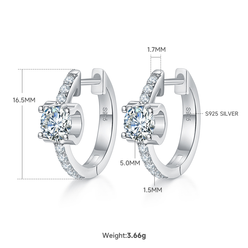 S925 Sterling Silver 1.24CT Moissanite Hoop Earrings 16.5mm  Platinum Plated Huggie Hoops With GRA Certificate, 3.7g Jewelry Gift Box Set For Women