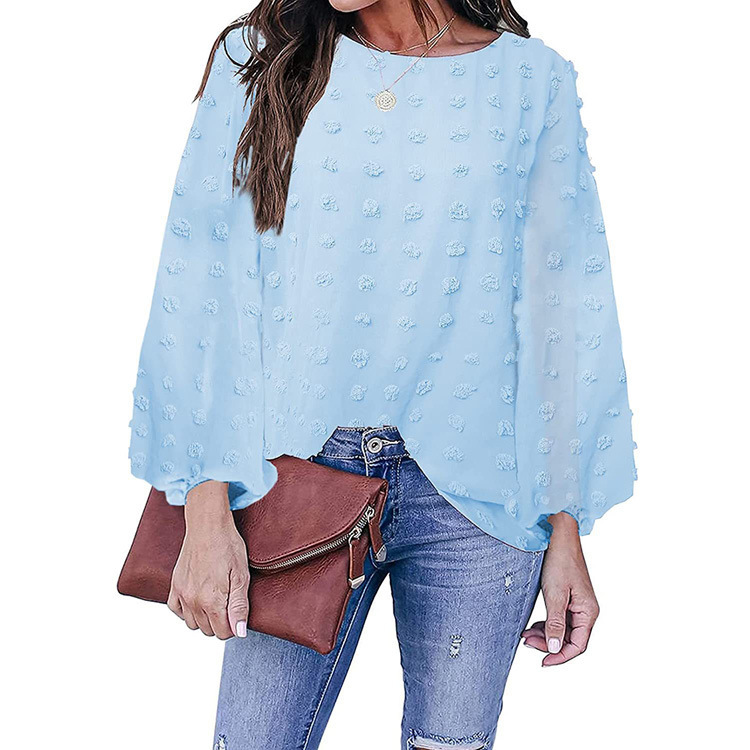 Solid Color Round Neck Loose Jacquard Puff Ball Long Sleeve Top