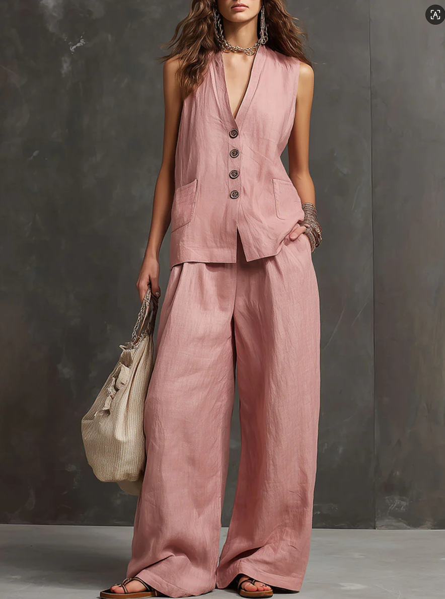 Women's Linen Vest & Wide-Leg Pants Set in White – breathable casual resort summer set