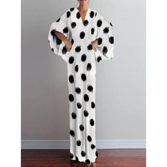Women's V neck Medium Sleeve Printed Dress Big Wave Point - Shop at LoveMi