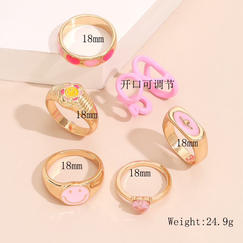 European And American Fashion Personality Combination Smiley Face Diamond Love Suit Ring Gold
