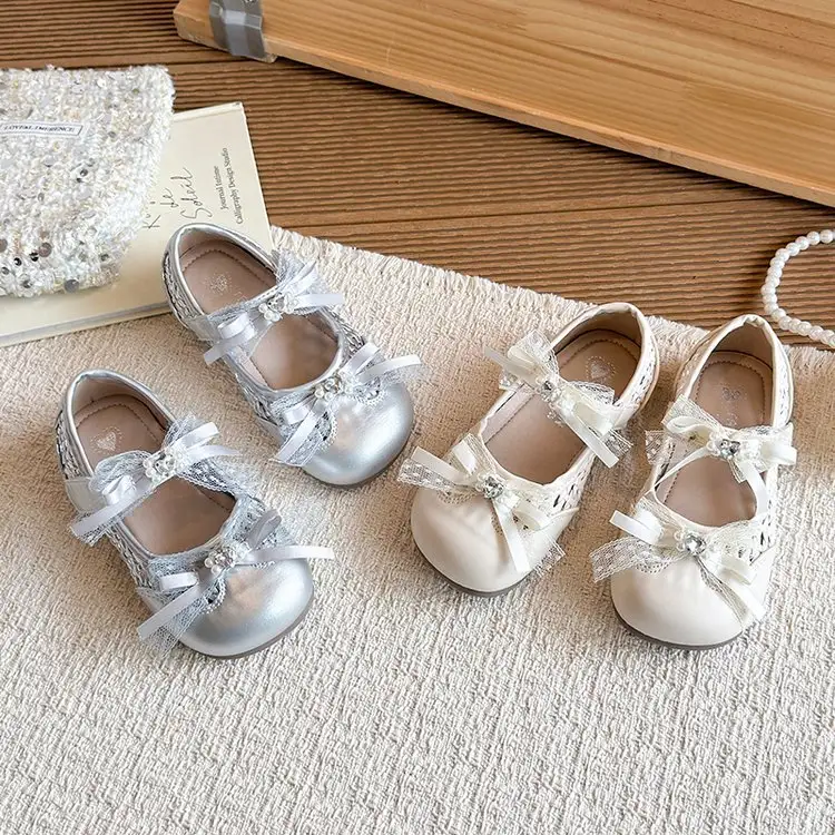 Girls' Fairy Style Lace Bow Small Leather Shoes 2026 Summer New Item Children's Mary Jane Rhinestone Princess Single Shoes