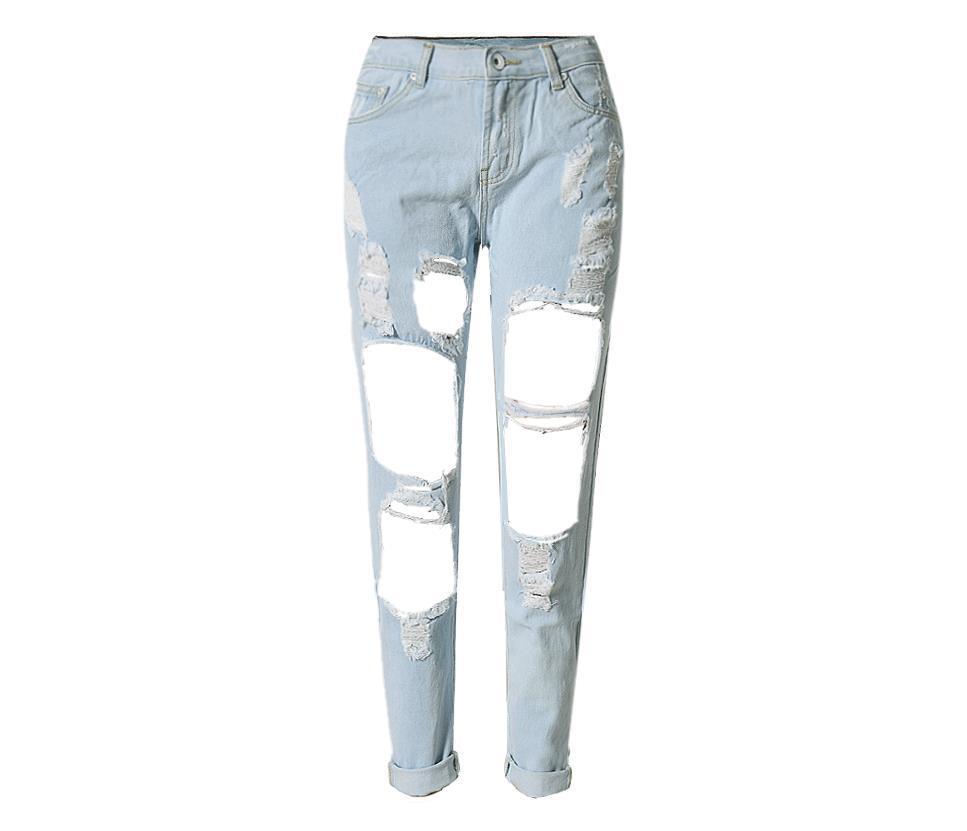 Ripped Jeans High Waist Women Ripped Hole Knee Skinny Pants Blue - Shop at LoveMi