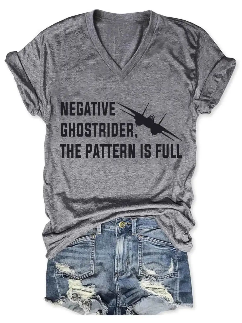 Women's Top Gun Negative Ghost Pattern Is Full V-neck T-shirt - Gray