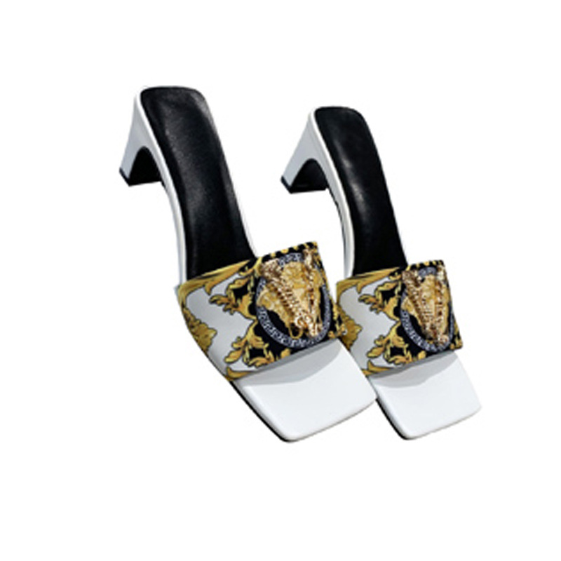 Cowhide Pattern One-and-a-half Support High-heeled Fashionable Slippers
