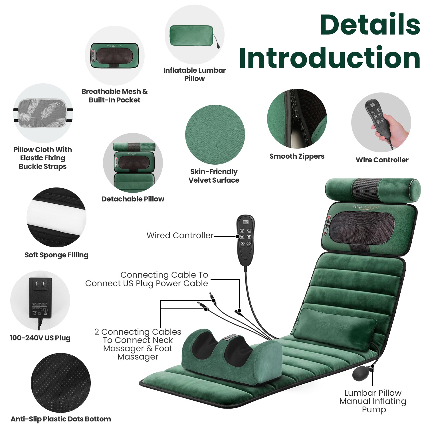 Full Body Electric Massage Mat Heating Vibration Massage Pad Cushion Back Massage Mattress Chair Pad With Neck Foot Massage Head Pillow And Cloth Lumbar Pillow Timer Anti-Slip Bottom Earplugs — foto 2