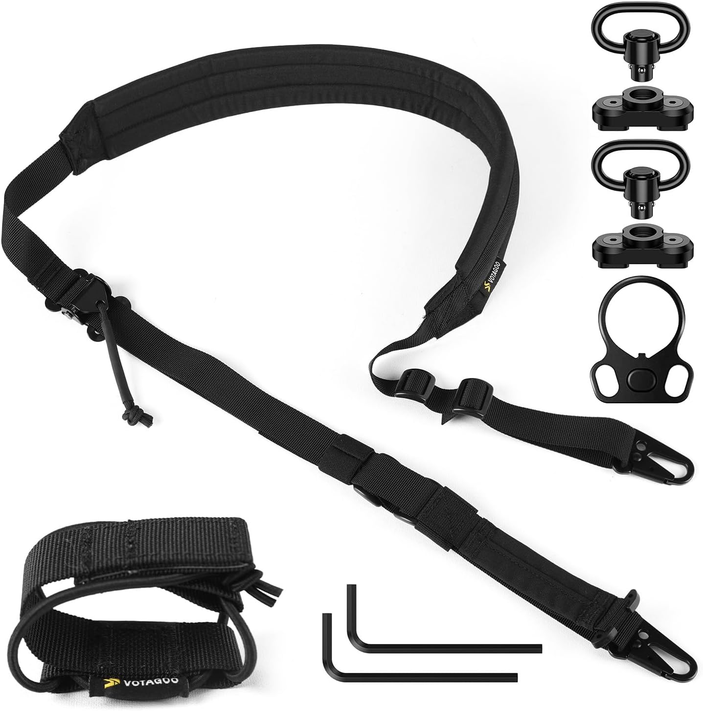 Quick Adjust 2 Point Gun Sling. Multi-Option Install & Sling Management: This rifle sling comes with 2 QD swivels and 2 HK HOOK and a sling management retention device and a sling ring. The sling swivels allow for easy installation to the barrel and butts