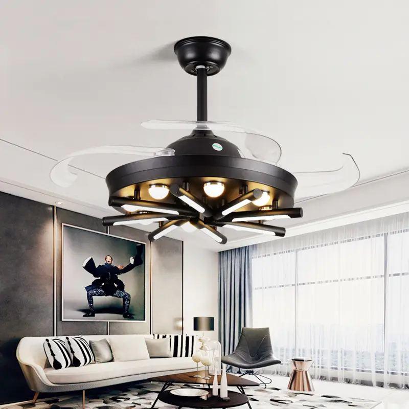 Living Room With Fan Retractable Lamp One