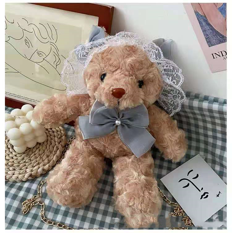 Lace Lolita Bear Plush Toy Bag Women''s Fashion Chain One Shoulder Messenger Bag Cute Cartoon Doll Bag
