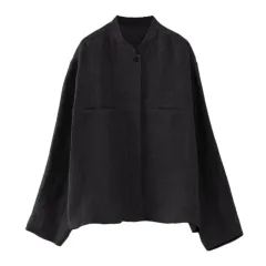 Retro Stand Collar Design Sense Of Minority Cotton And Linen Long Sleeve Shirt - Grey Black - View 1