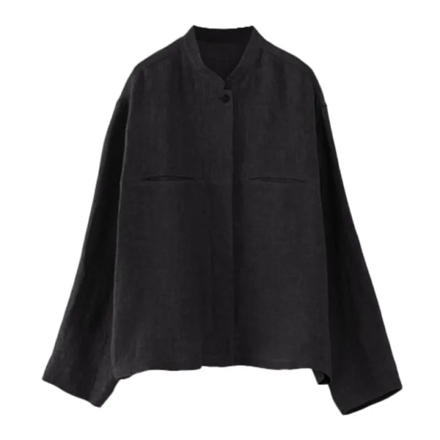 Retro Stand Collar Design Sense Of Minority Cotton And Linen Long Sleeve Shirt Grey Black - Shop at LoveMi