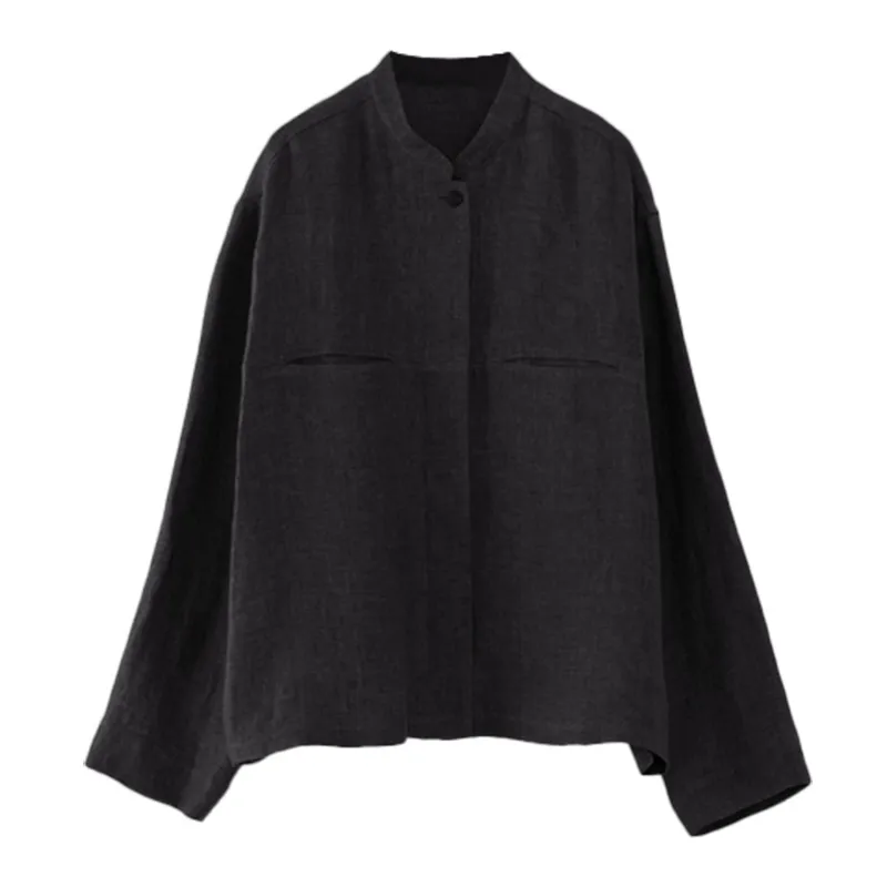 Retro Stand Collar Design Sense Of Minority Cotton And Linen Long Sleeve Shirt - Grey Black
