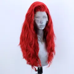 Red Curly Hair Half-hand Crocheted Front Lace Synthetic Wig - Red - View 1