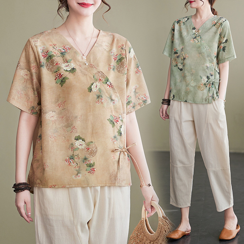 Women's Fashion Artistic Cotton And Linen Printing Suit