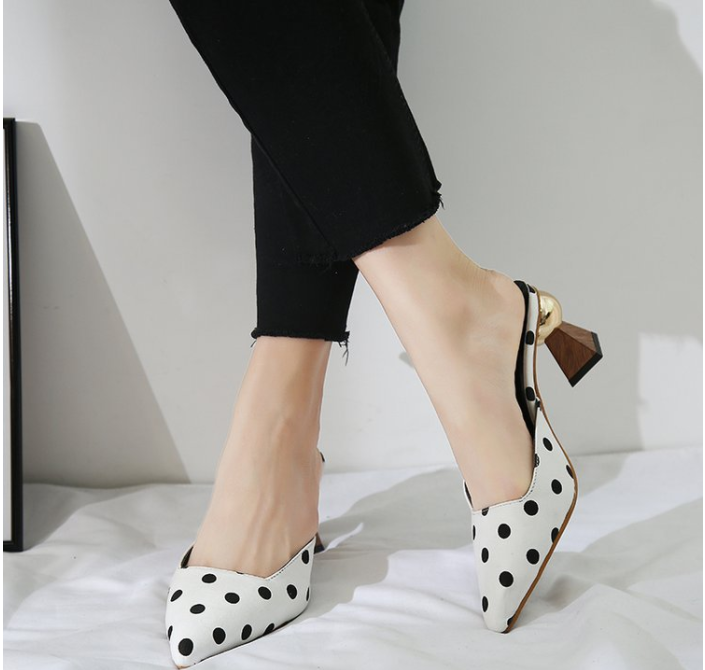 Metal Round Buckle Small Square Toe Small Wave Dot High Heels