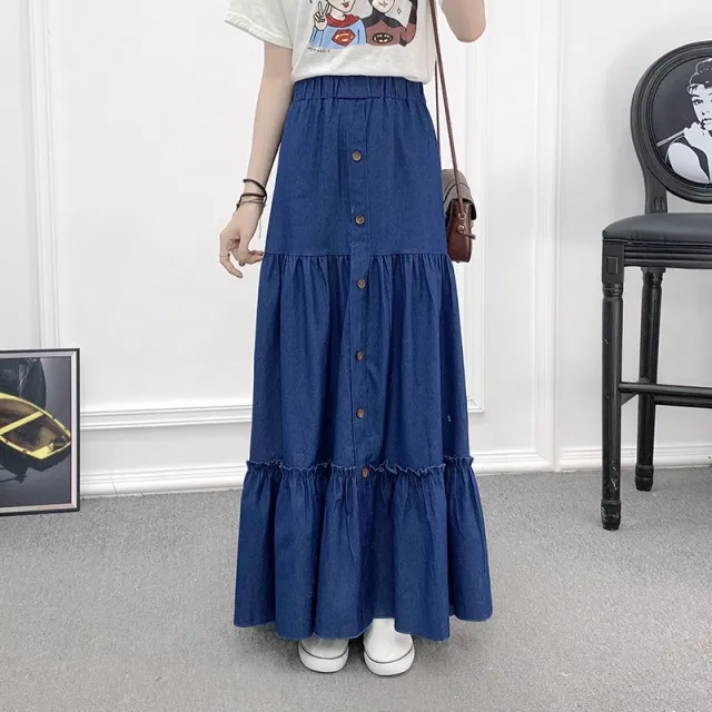 Vintage Minimalist A line Elastic High Waisted Denim Skirt Dark Blue - Shop at LoveMi