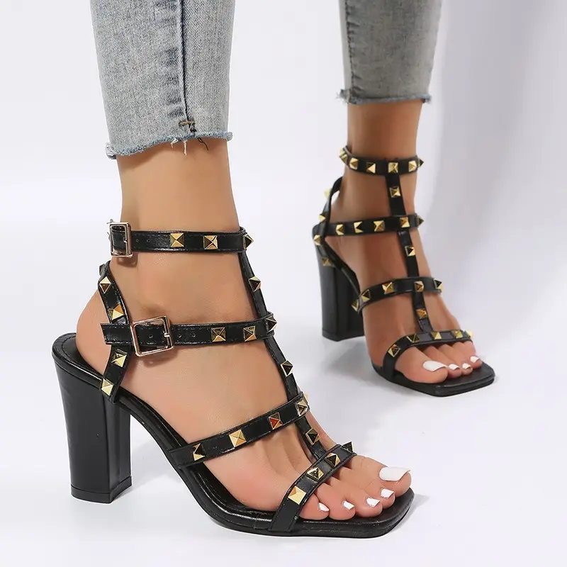 Rivet Sandals Women Buckle Strap Square-toe High Heels Shoes