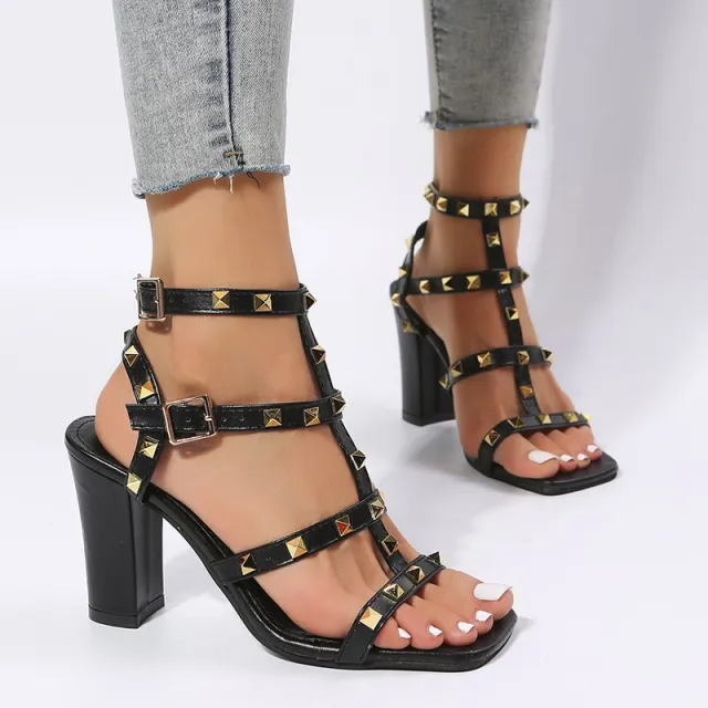 Rivet Sandals Women Buckle Strap Square toe High Heels Shoes Gladiator Black - Shop at LoveMi