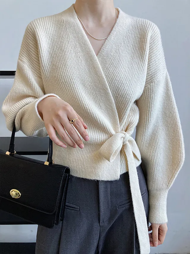 Knitted Cardigan Women's V neck Short Long sleeved Shirt Beige - Shop at LoveMi