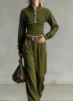 Stand-up Collar Short Zip-up Top Wide-leg Pants Casual Sportswear Set - Olive - View 1