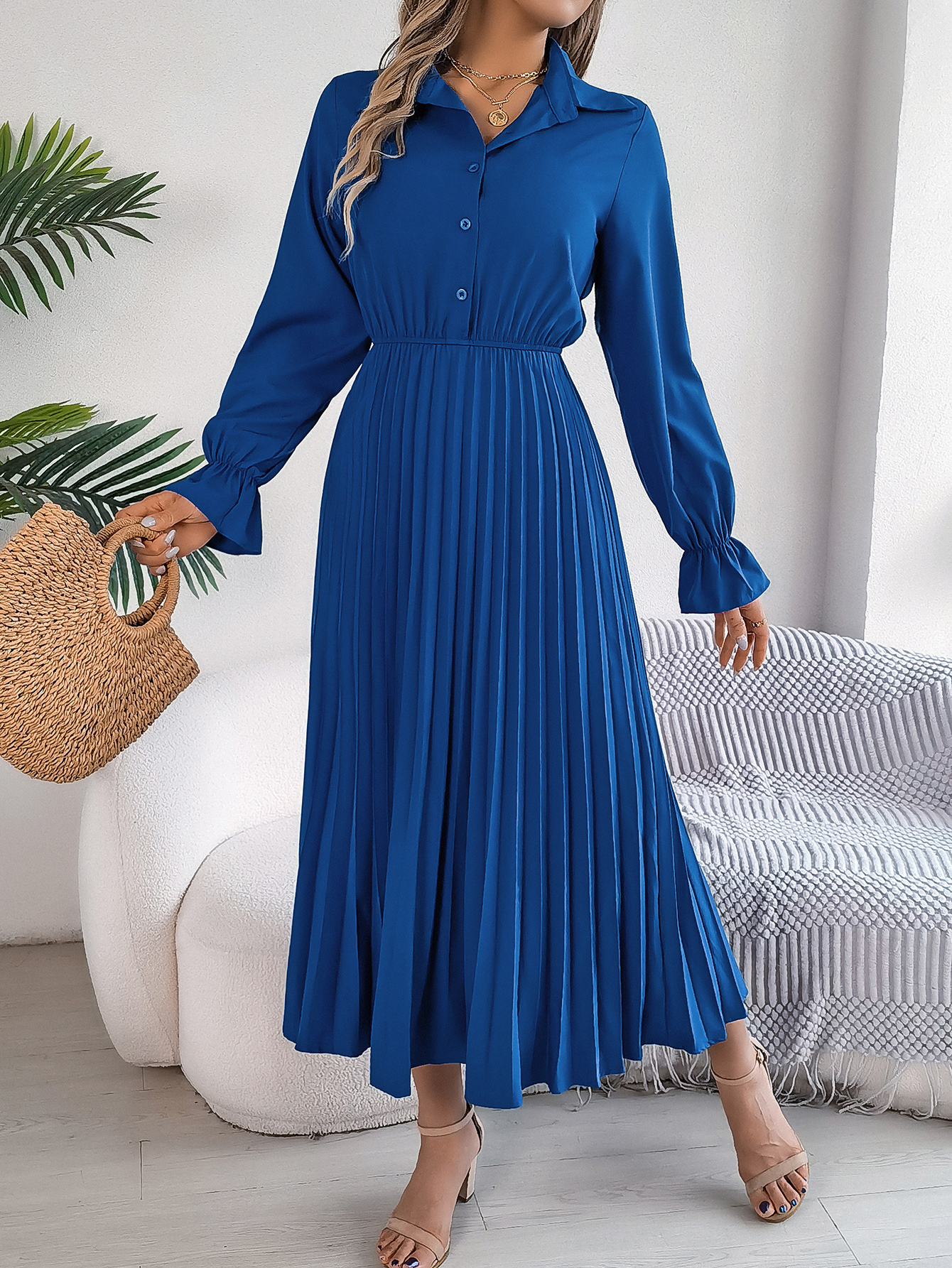 Women's Casual Lapel Button Long Sleeve Tie Waist Pleated Maxi Dress thumbnail 3