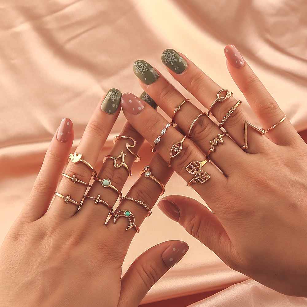 Retro V-shaped Leaf Eye Geometric Circle Moon Ring 20-piece Ring Set