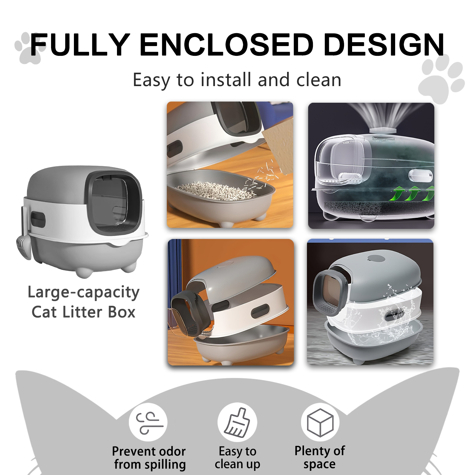 Gray-White Contrast Fully Enclosed Cat Litter Box, Sterilization Odor Lock Anti-Tracking Cat Potty For Home Use