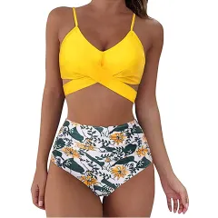 Women Sexy Soild Print Bikini Set Push Up Bathing Swimwear - Yellow - View 1