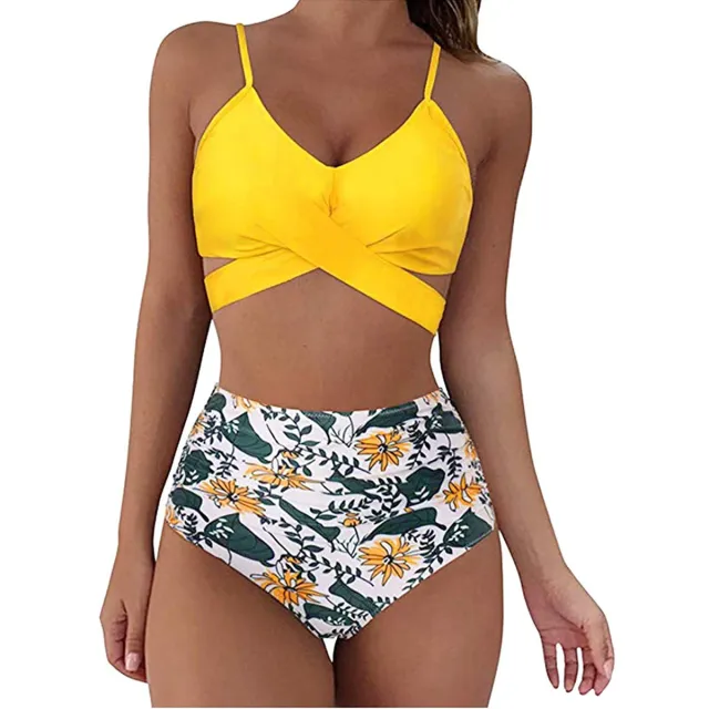 Women Sexy Soild Print Bikini Set Push Up Bathing Swimwear Yellow - Shop at LoveMi