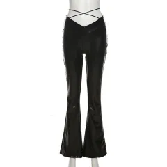 Fashion Women's New High-waisted Straight Tube Wide Leg Bandage Slim PU Leather Casual Pants - Black - View 1