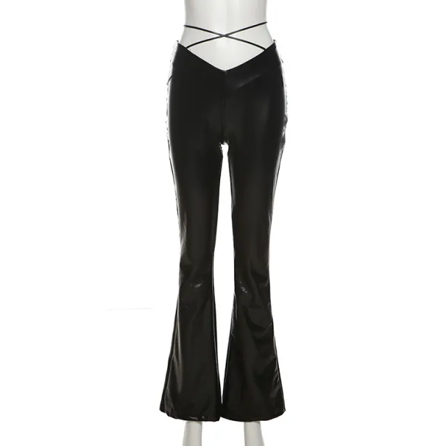 Fashion Women's New High waisted Straight Tube Wide Leg Bandage Slim PU Leather Casual Pants Black - Shop at LoveMi