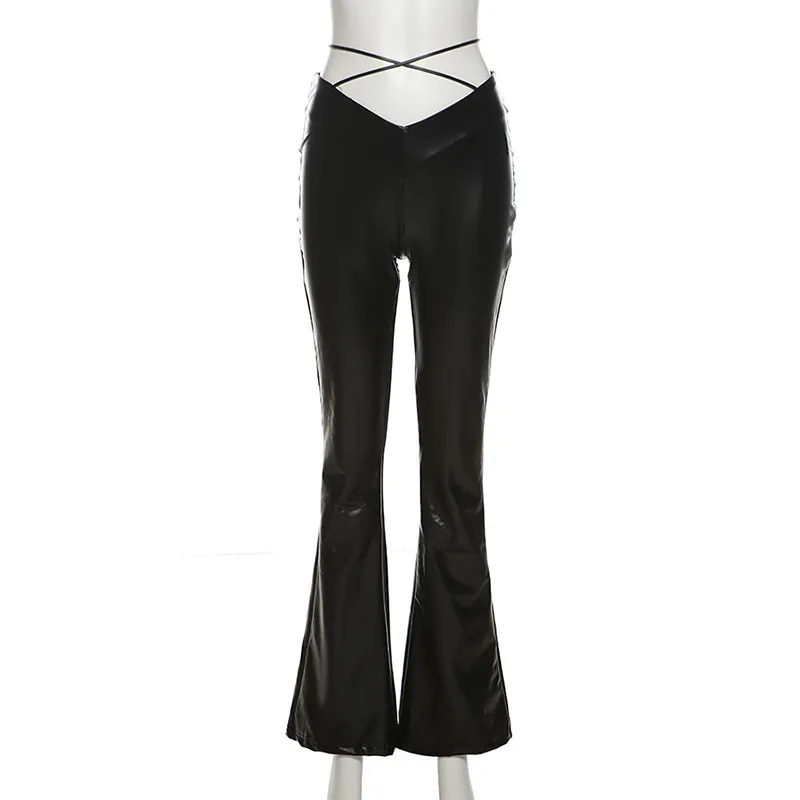 Fashion Women's New High-waisted Straight Tube Wide Leg Bandage Slim PU Leather Casual Pants - Black